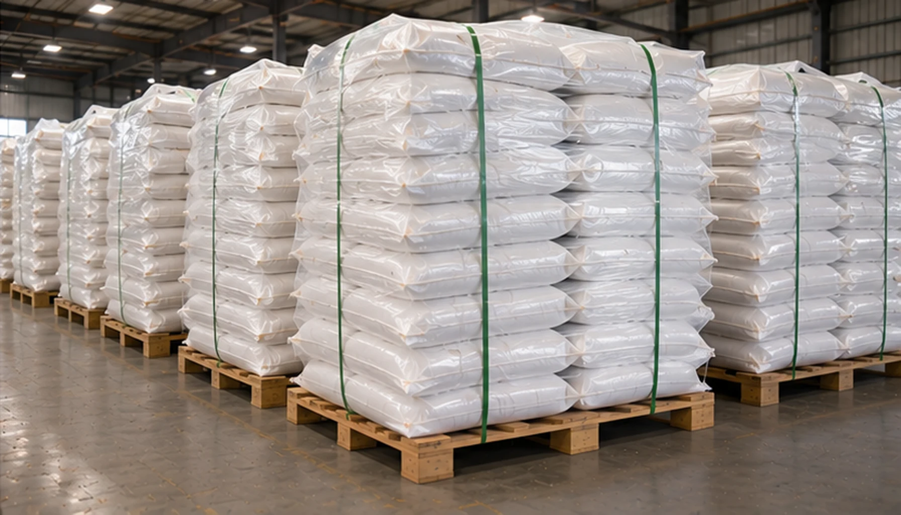 Activated alumina balls packaging warehouse with bags and palletized export supply
