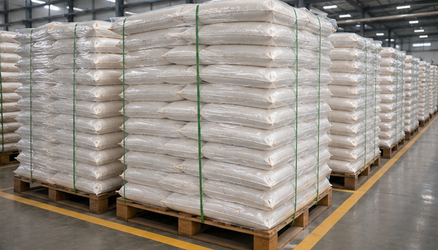 Activated alumina water treatment media packaging warehouse with bags and palletized export supply