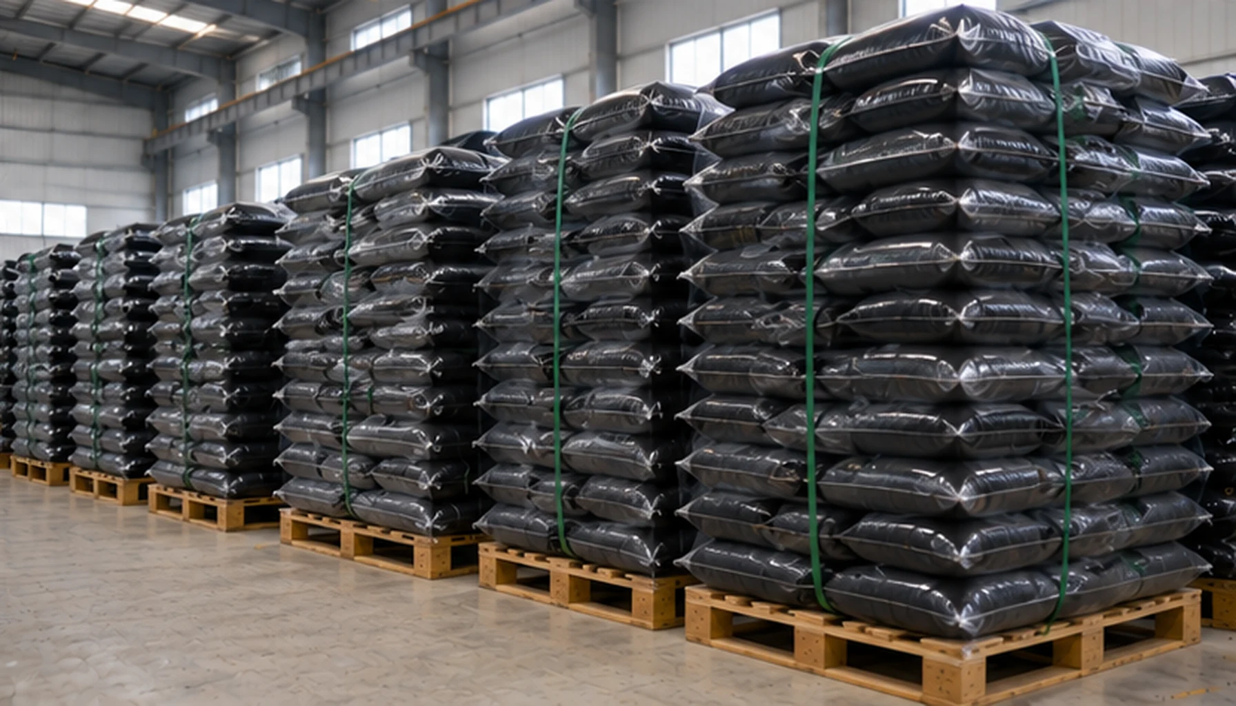 Activated carbon packaging warehouse with palletized export supply