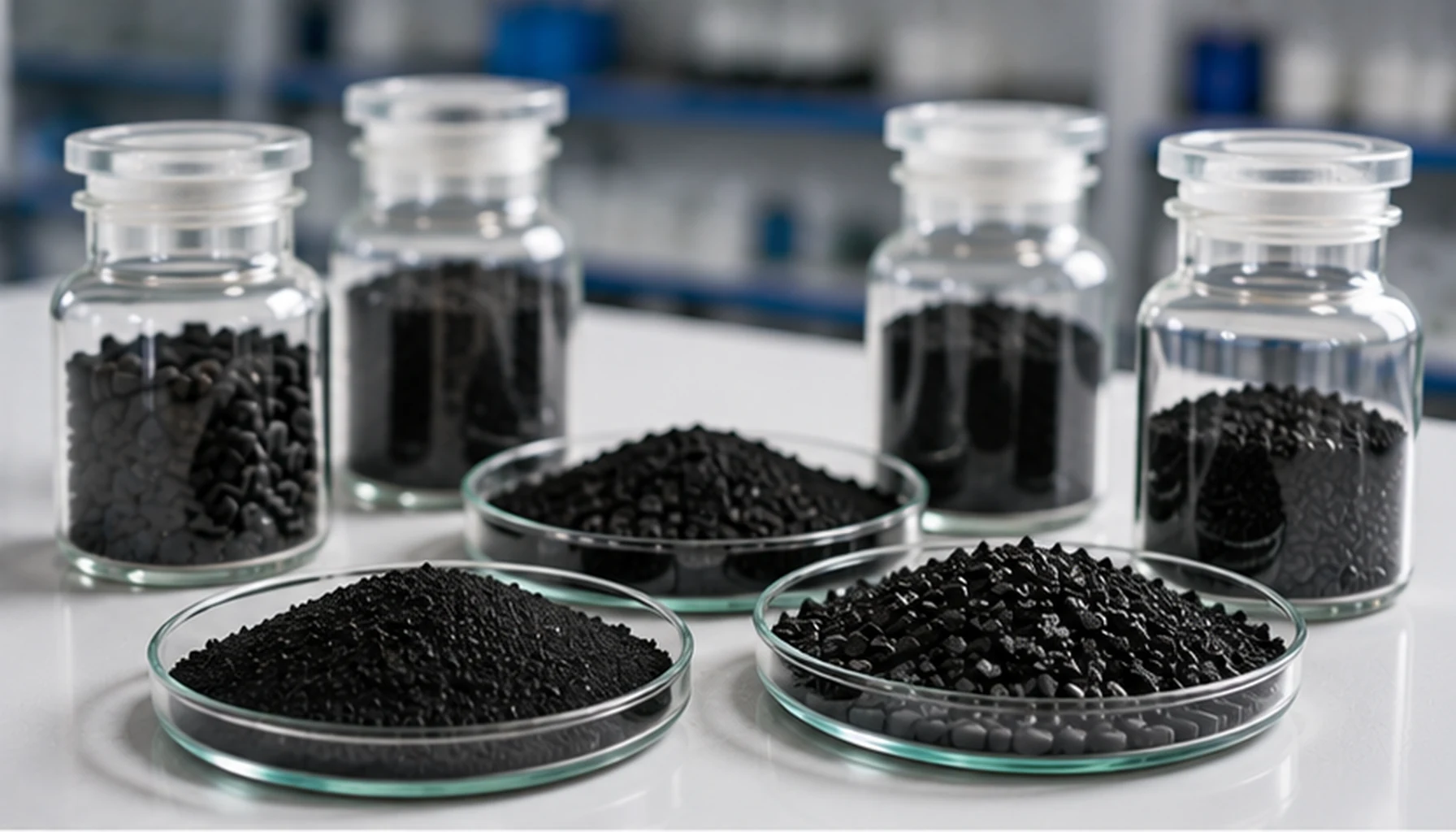 Activated carbon product display in laboratory glassware