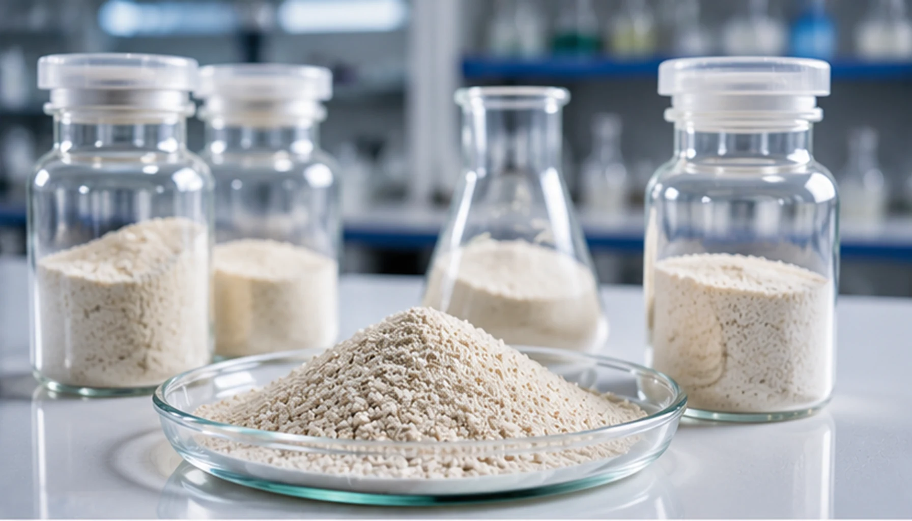 Activated molecular sieve powder product display in laboratory glassware