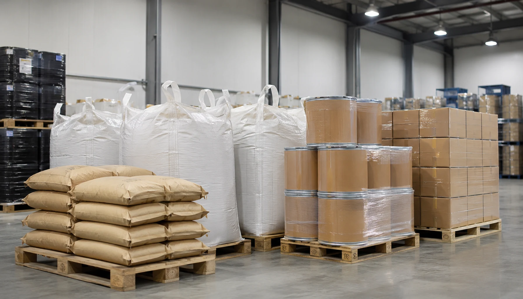 Carbon adsorbents packaging warehouse with bags drums cartons and palletized export supply