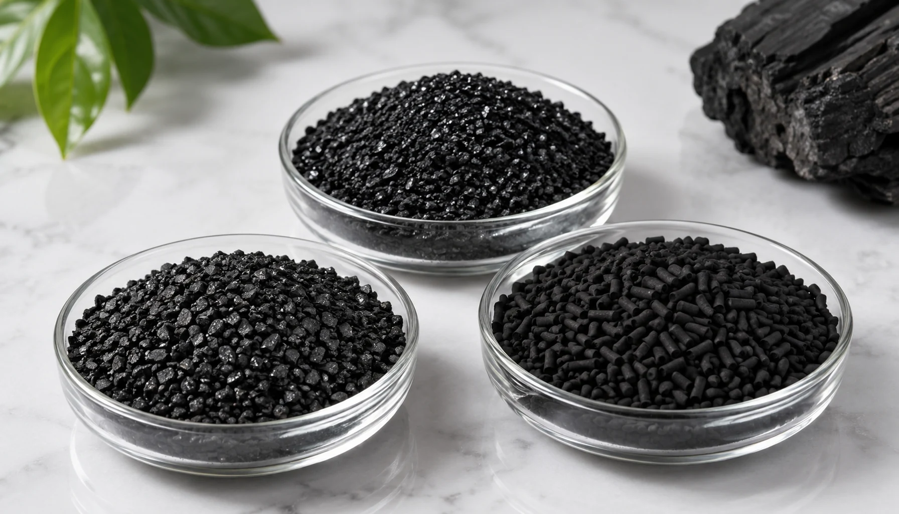 Carbon adsorbents product display with activated carbon and formed carbon media