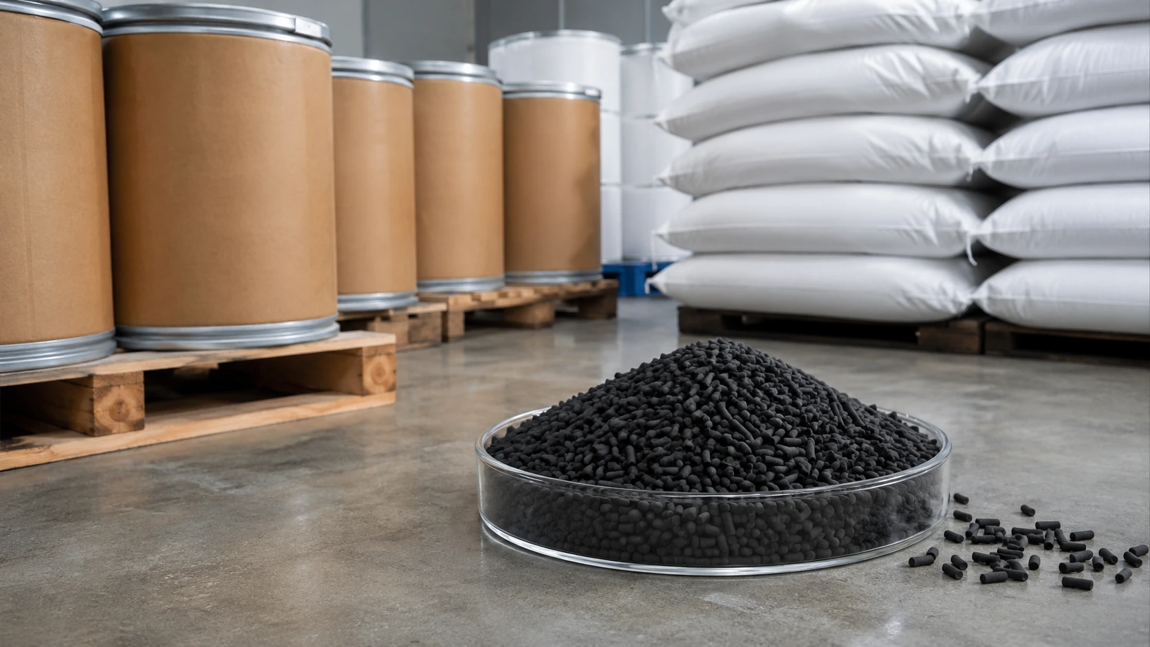 Carbon molecular sieve pellets with drums and export packaging in warehouse