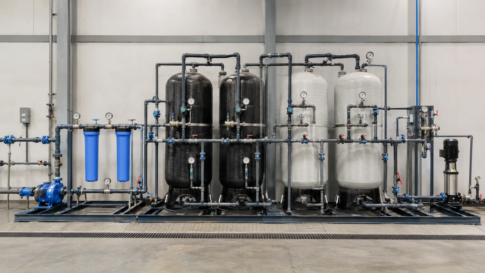 Fixed bed water treatment adsorbents system with filtration and adsorption vessels
