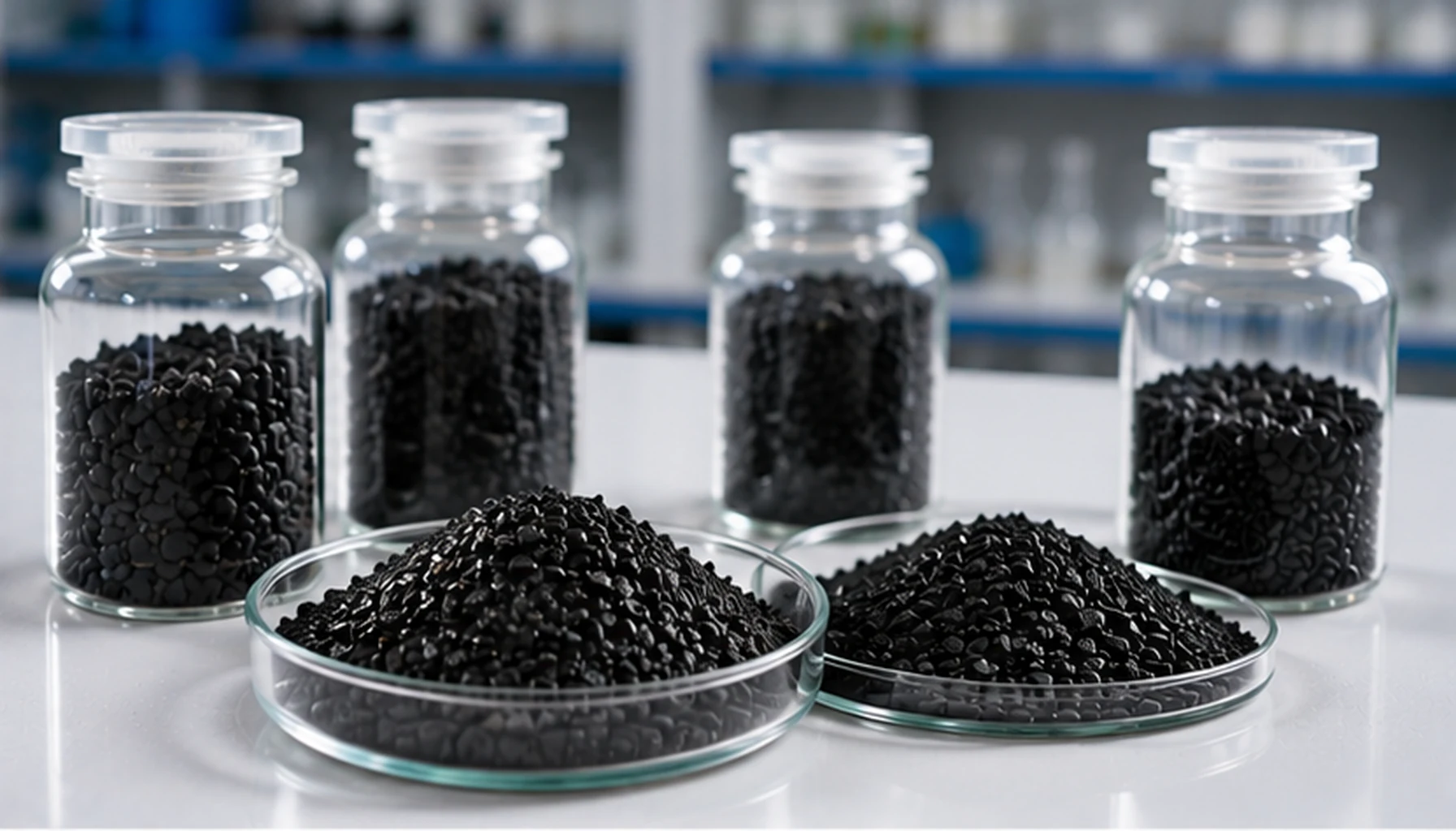 GAC activated carbon product display in laboratory glassware