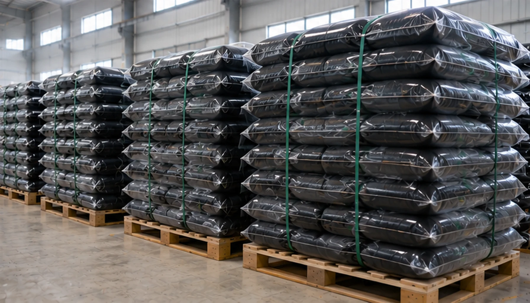 Granular activated carbon packaging warehouse with palletized export supply