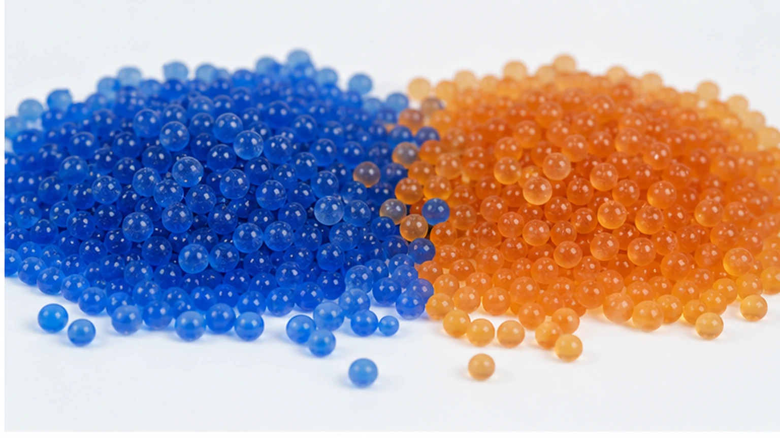 Blue and orange indicating silica gel beads for visual humidity monitoring
