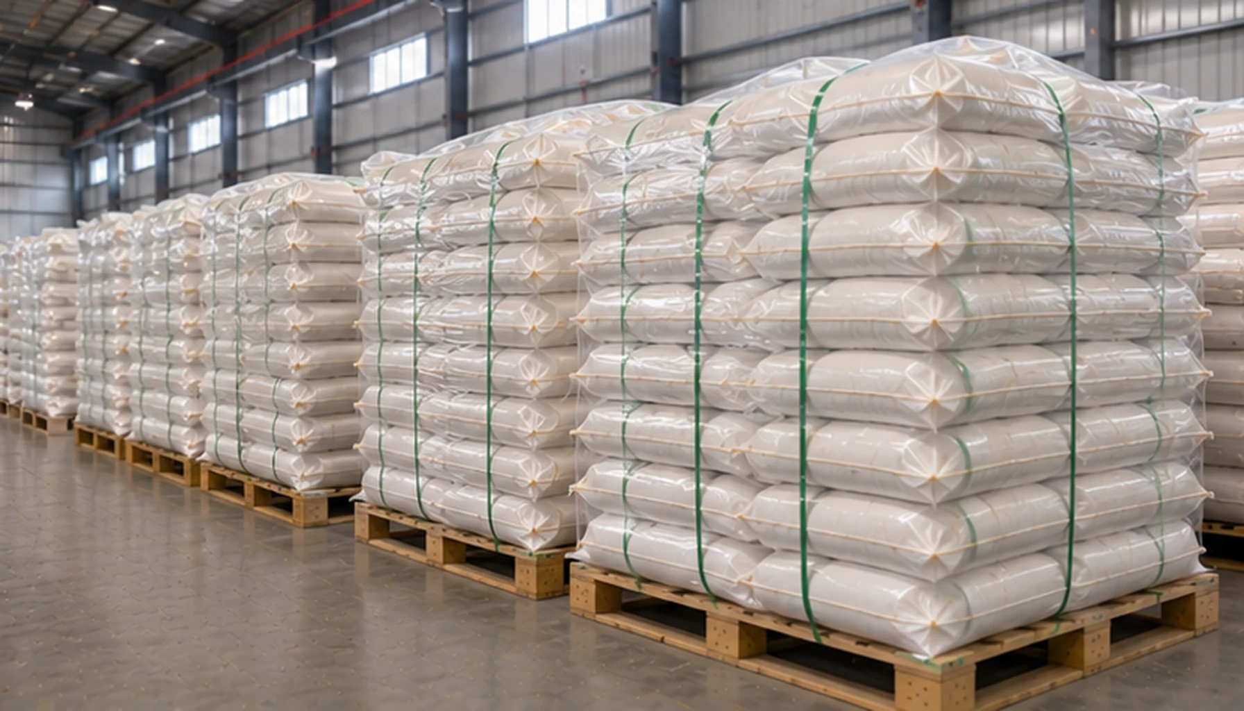 Inert ceramic balls packaging warehouse with bags and palletized export supply