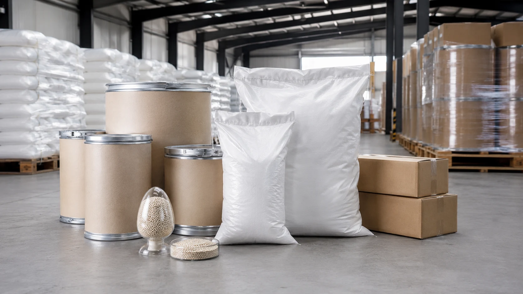 Molecular sieve packaging warehouse with bags drums cartons and export supply preparation