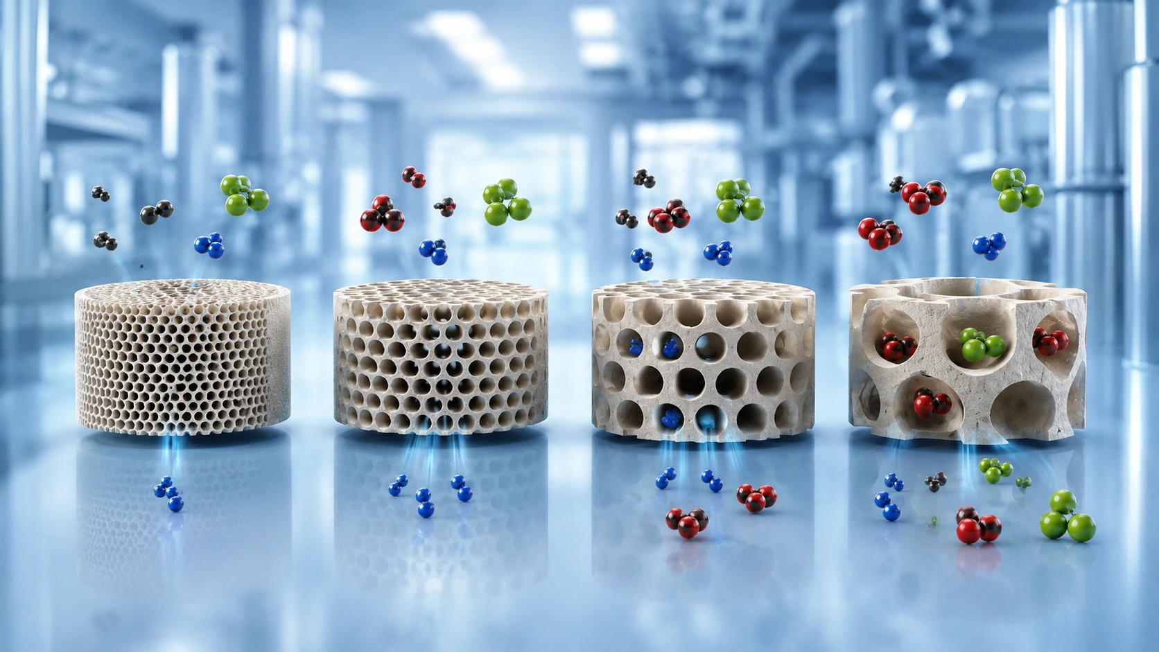 Conceptual comparison of molecular sieve pore openings and molecular selection