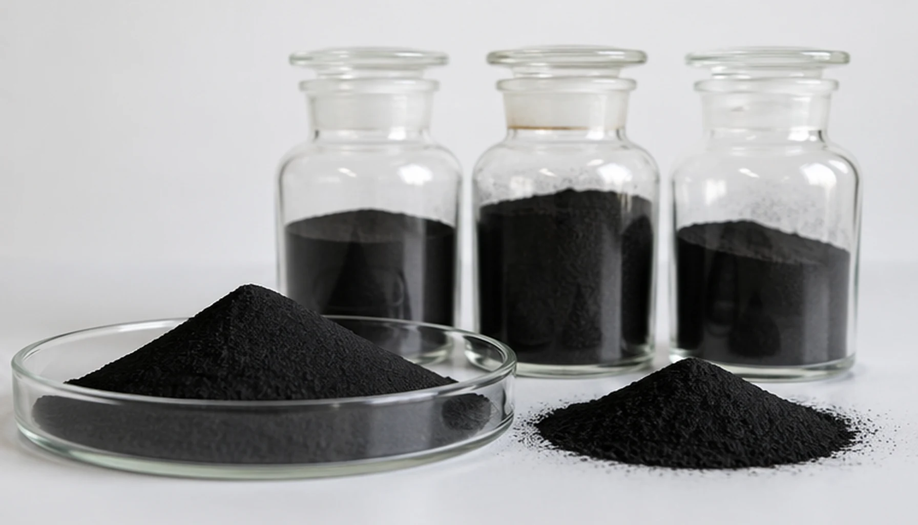 PAC powder activated carbon product display in laboratory glassware