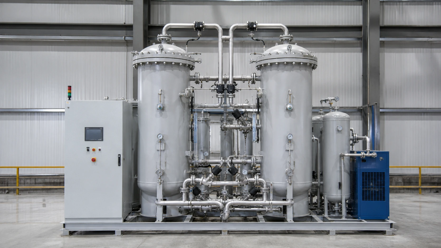 Twin tower PSA nitrogen generation system with adsorption vessels and control cabinet