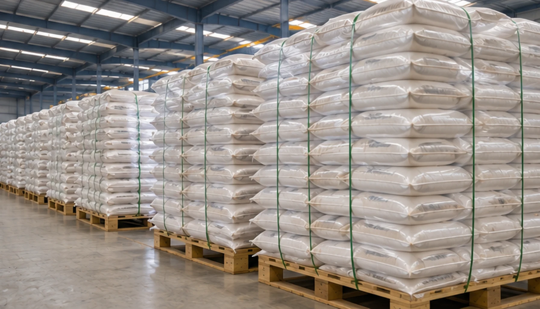 Reactor support media packaging warehouse with palletized export supply