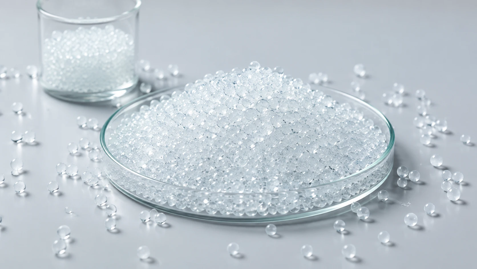 Clear silica gel beads for packaging moisture control and humidity protection