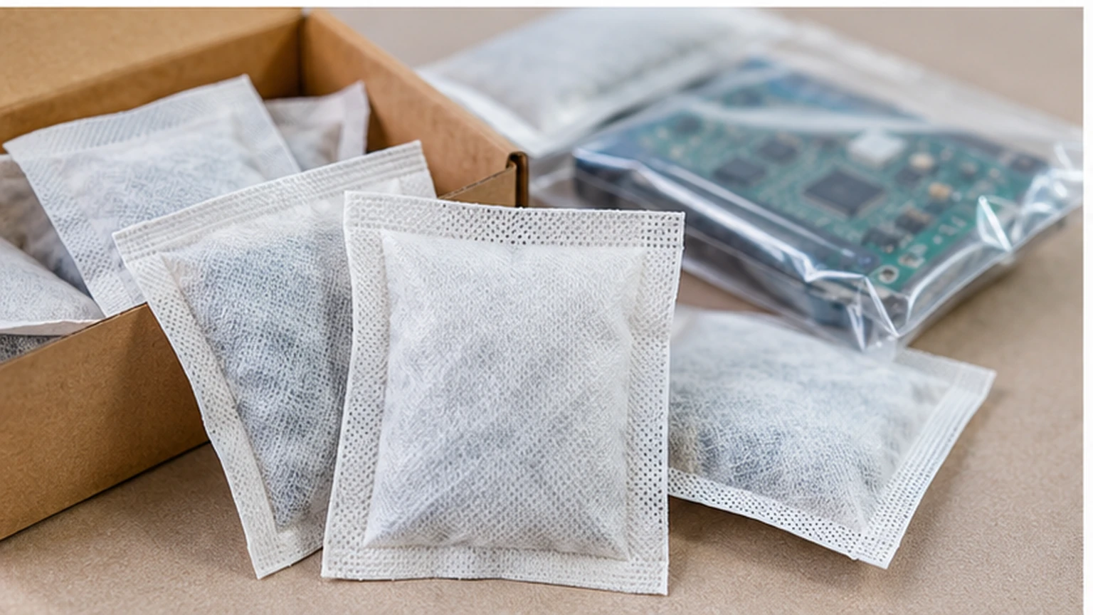 Silica gel desiccant packets for electronics packaging and moisture protection