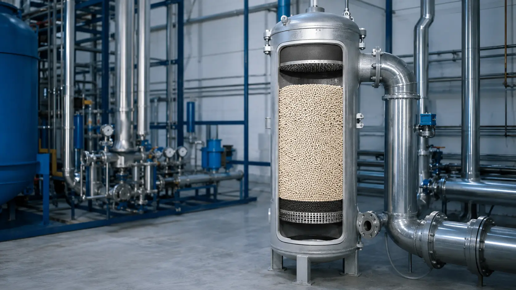 Activated alumina particle size inside a fixed bed adsorption vessel