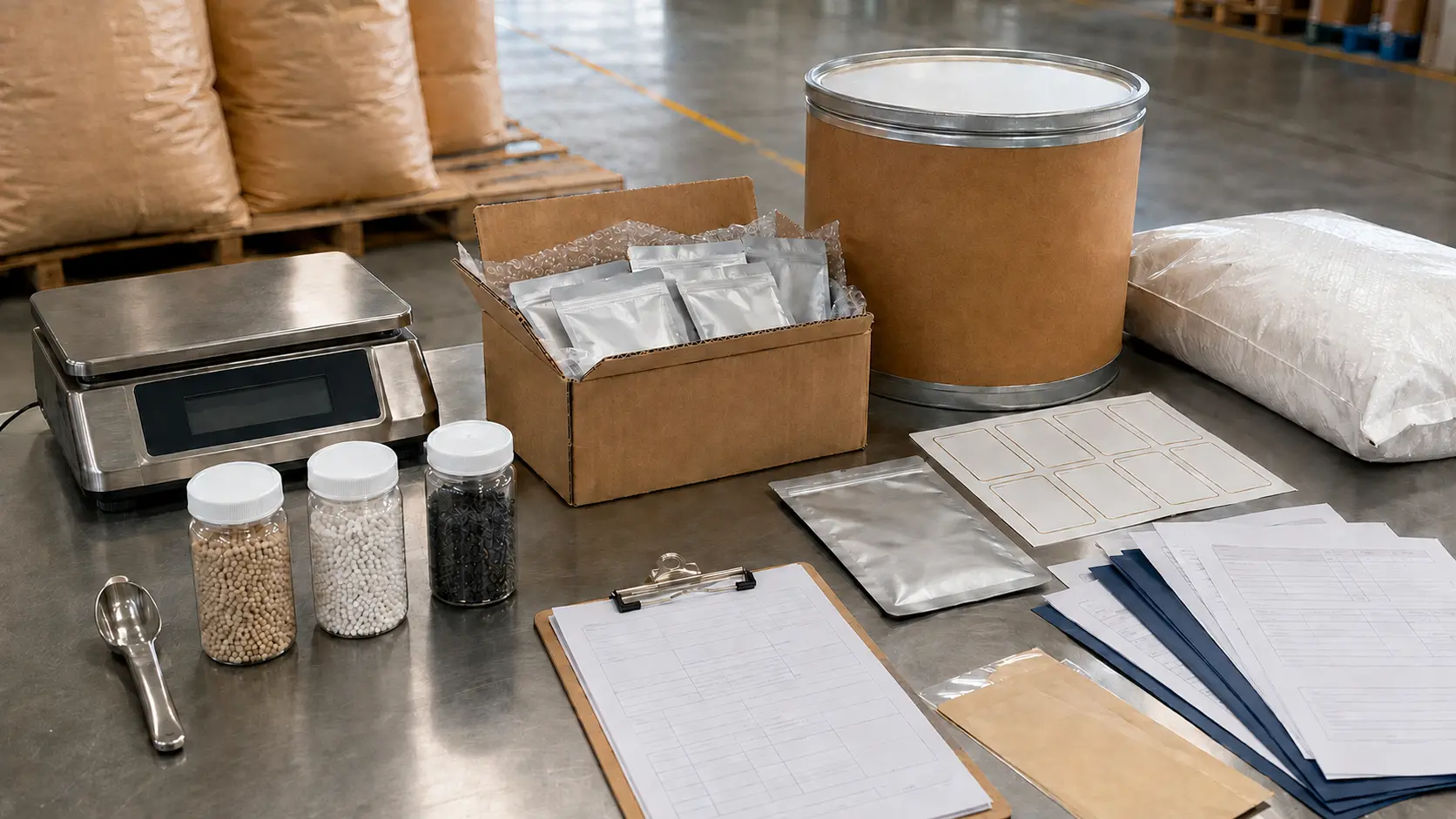 Adsorbent pre-shipment inspection with retained samples, package checks, labels and export document preparation
