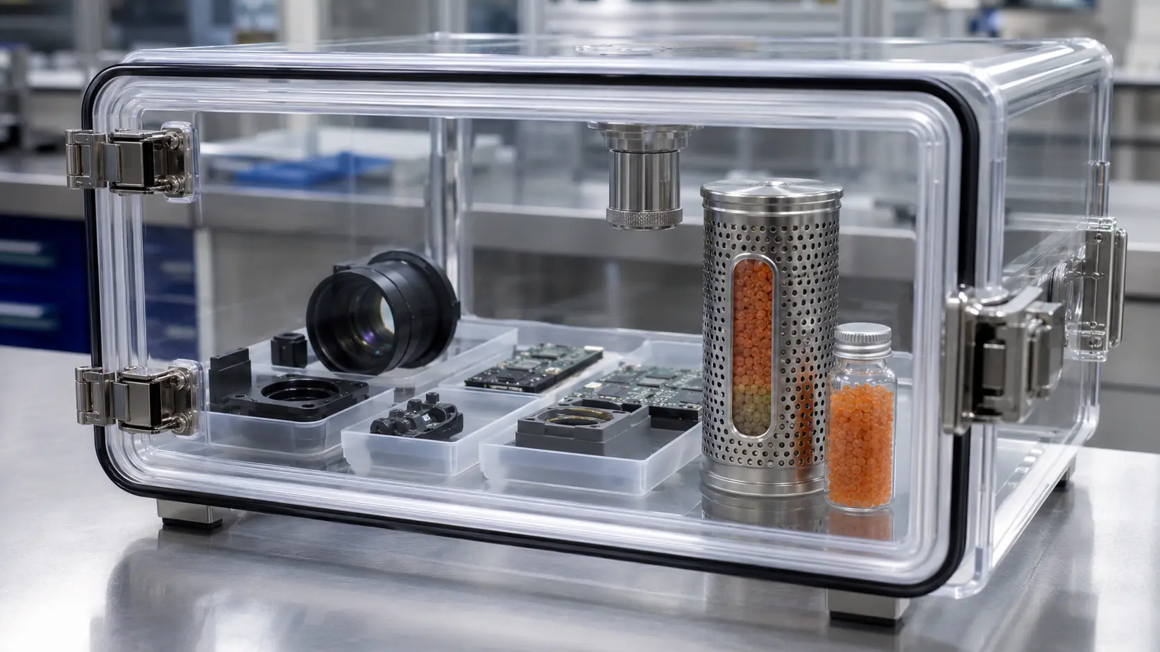 Indicating silica gel used for visual humidity exposure monitoring in a sealed storage container