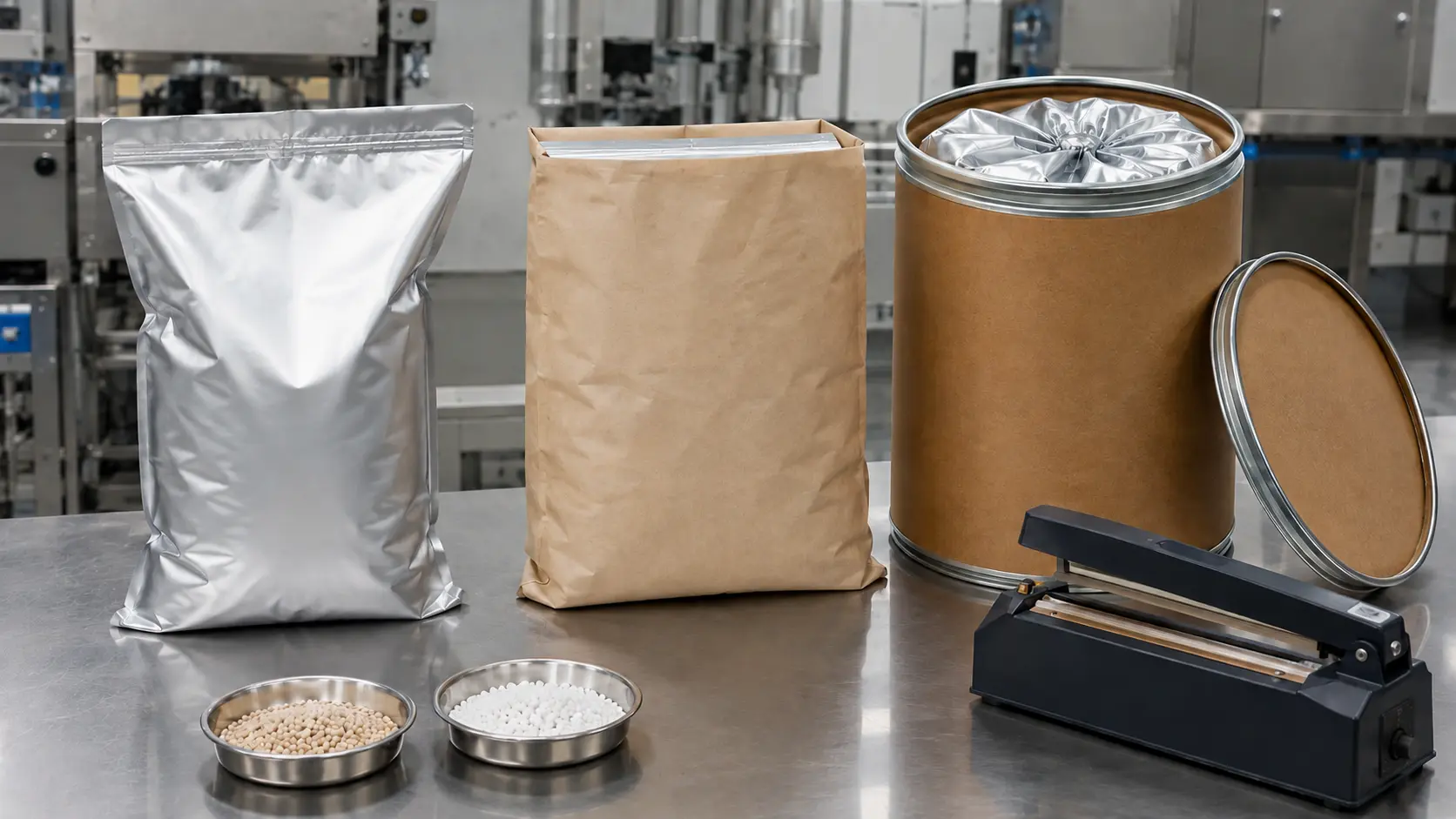Adsorbent Packaging and Export Guide showing heat-sealed moisture-barrier inner bags and secondary industrial packaging