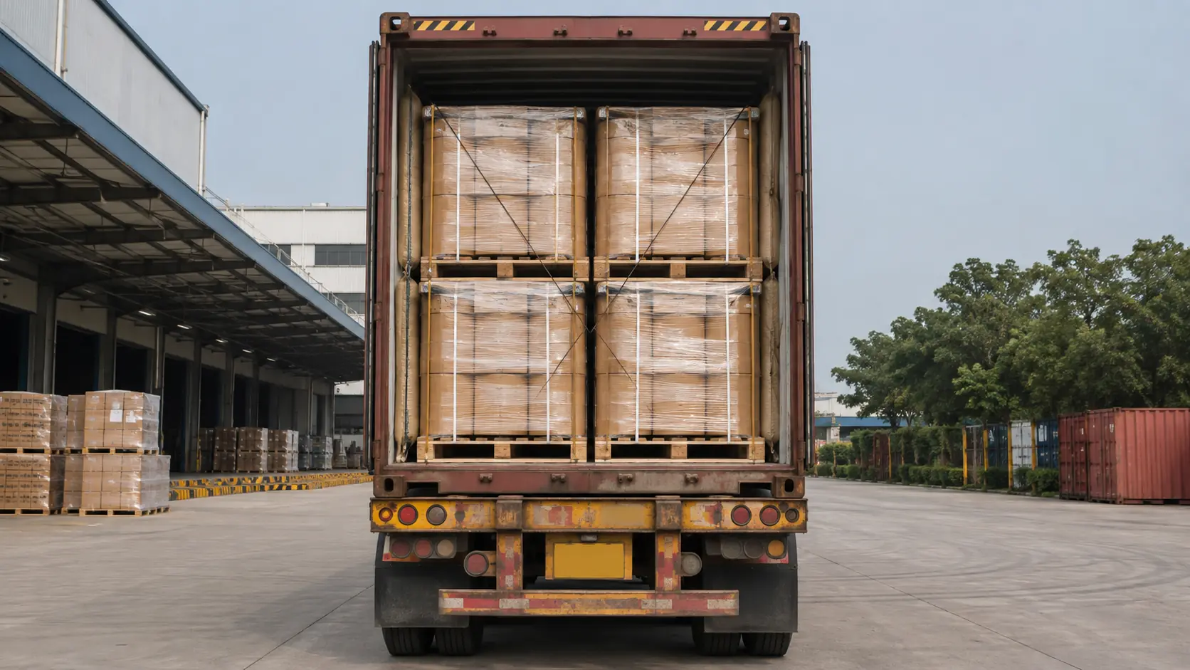 Adsorbent Packaging and Export Guide showing two-tier palletized cargo secured inside a 40HQ container on a semi-trailer
