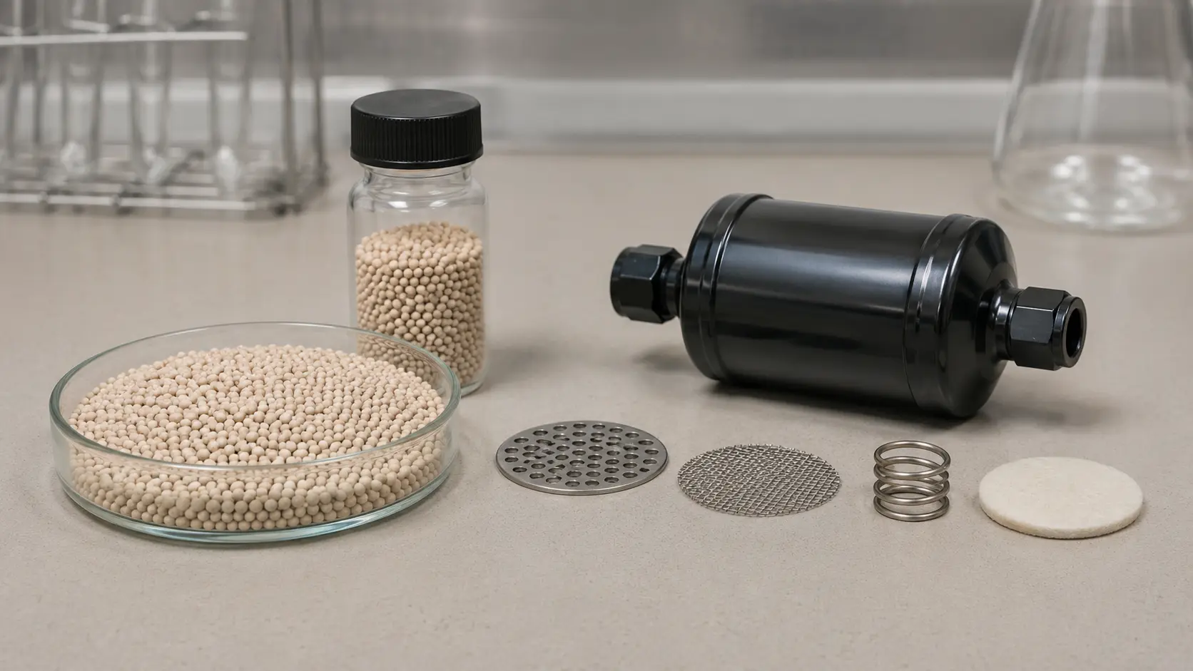 Refrigerant Drying Adsorbents with molecular sieve beads and filter drier components