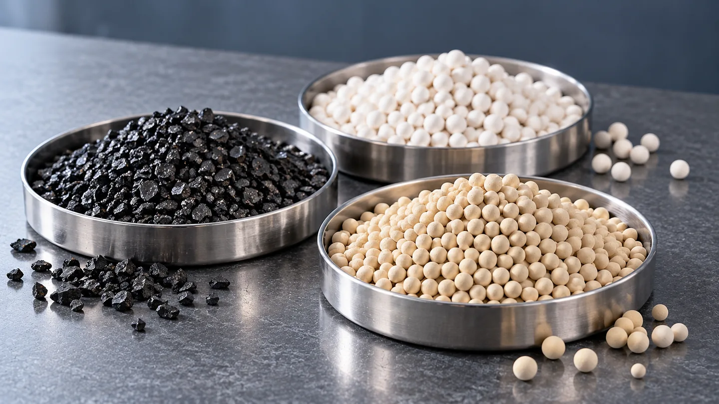 Conceptual three-adsorbent material-family sample arrangement, not an approved hydrogen PSA bed loading sequence