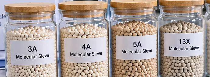 Conceptual side-by-side jars of different molecular sieve grades illustrating that supplier quotations must be compared grade by grade